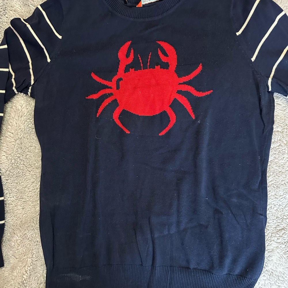 ModCloth Navy Crab Intarsia Knit Sweater Stripe Sleeves Cotton Modal Size S Naut